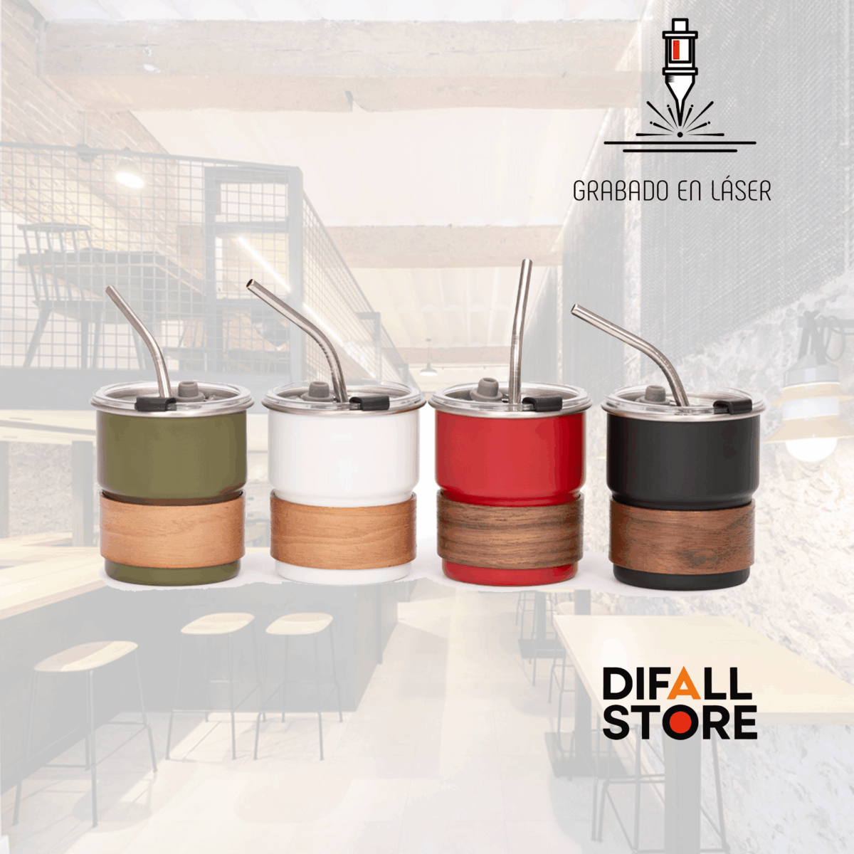 Vaso Térmico metálico con Bombilla y Grip de Madera.